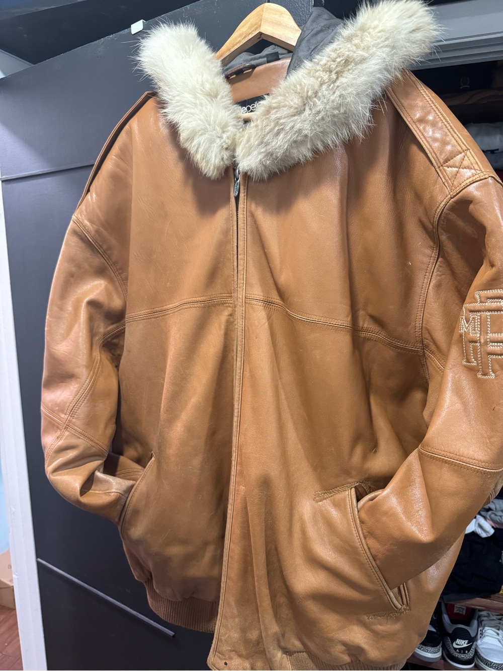 Pelle Pelle Tan Leather Bomber Jacket with Faux Fur Trim gently used with flaws